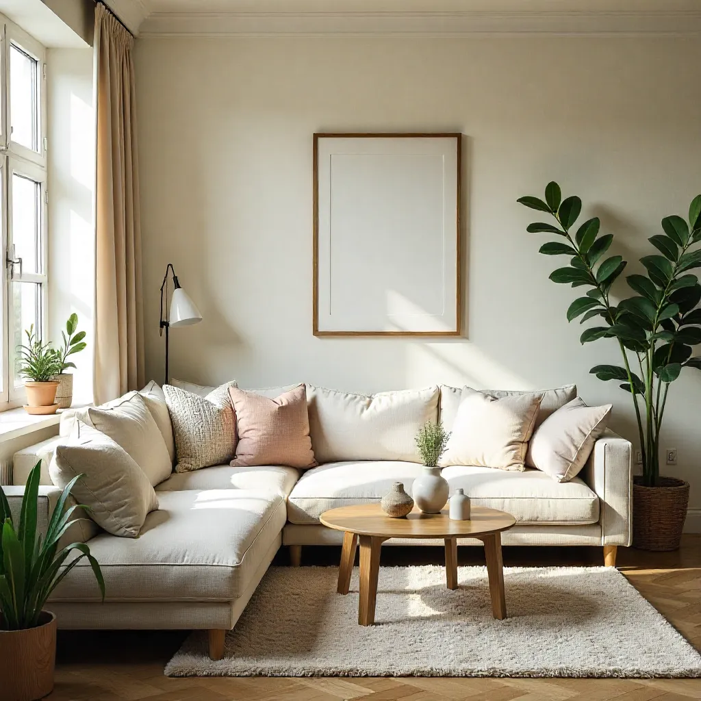 Cozy living room with neutral tones and natural textures